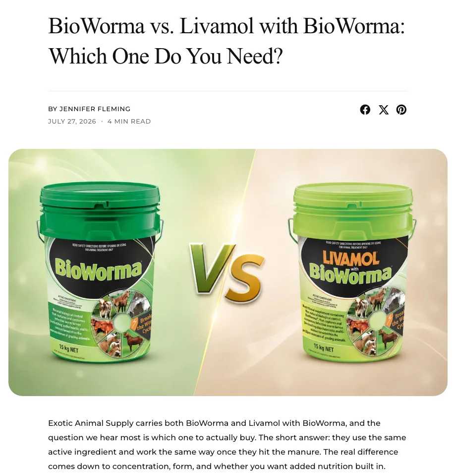 Screenshot of the Exotic Animal Supply article comparing BioWorma and Livamol with BioWorma, showing the title, byline, and short answer