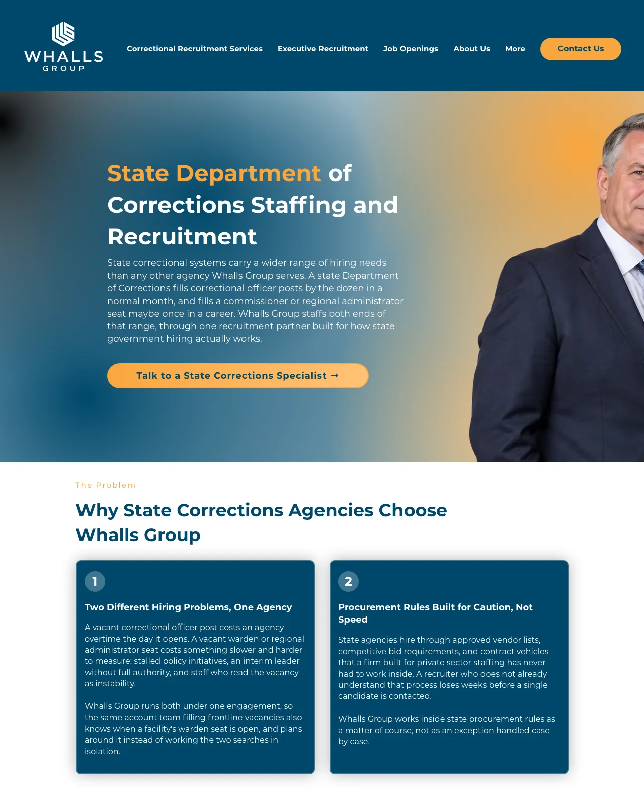 Screenshot of the Whalls Group state Department of Corrections staffing page, showing the hero and the first section